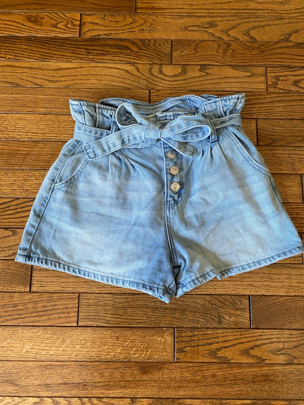 American Eagle Outfitters Light Blue Paperbag Waist Denim Shorts with Tie